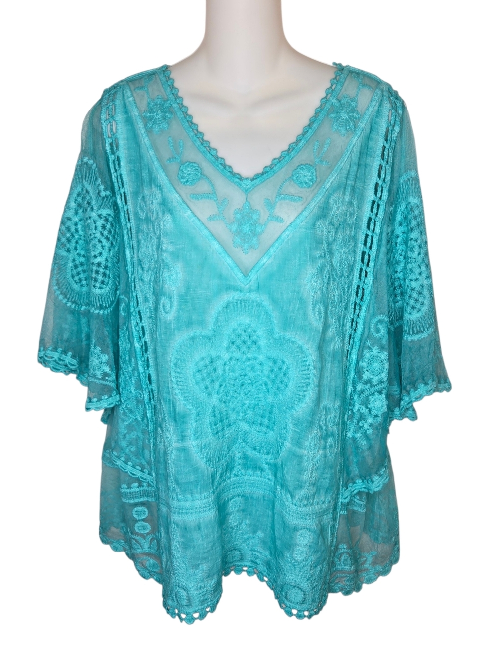 Kindred Boho Embroidered Mesh Blouse, Aqua Turquoise, V-Neck, Plus Size 2X